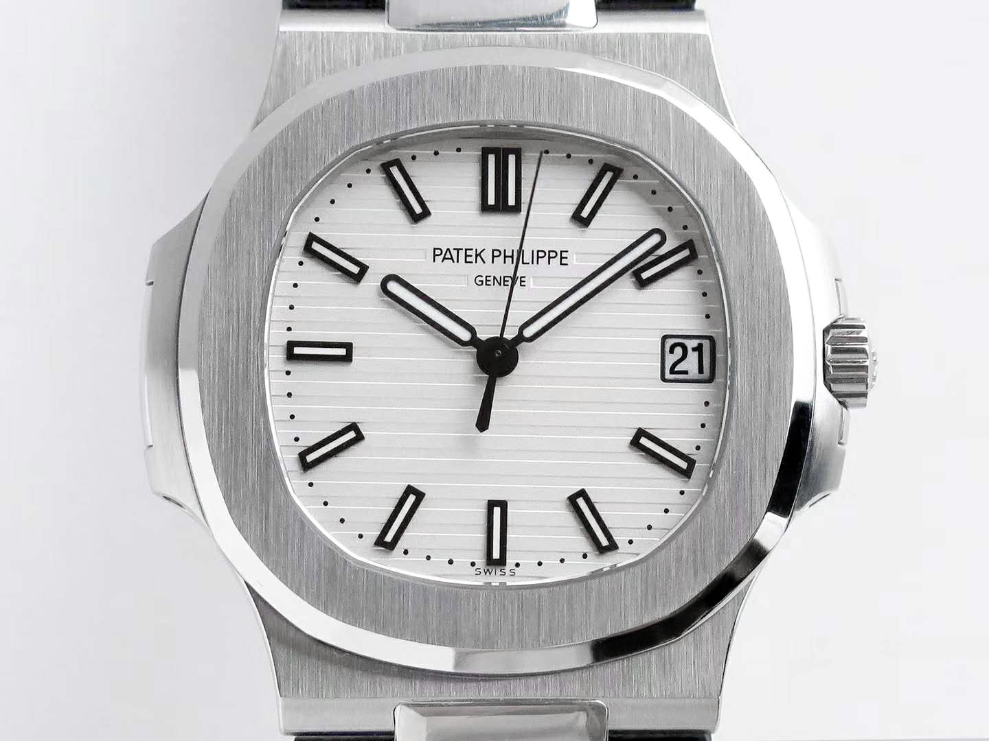 Nautilus Jumbo 5711 White Dial in Steel with Black Leather Strap