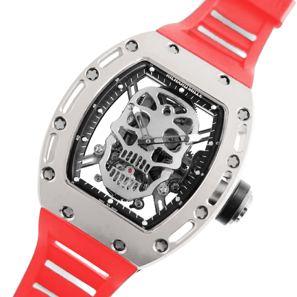 RM 052-01 Tourbillon Skull in Titanium on Red Rubber Strap