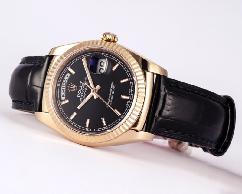 Day-Date 40 Black Dial in Rose Gold on Leather Strap