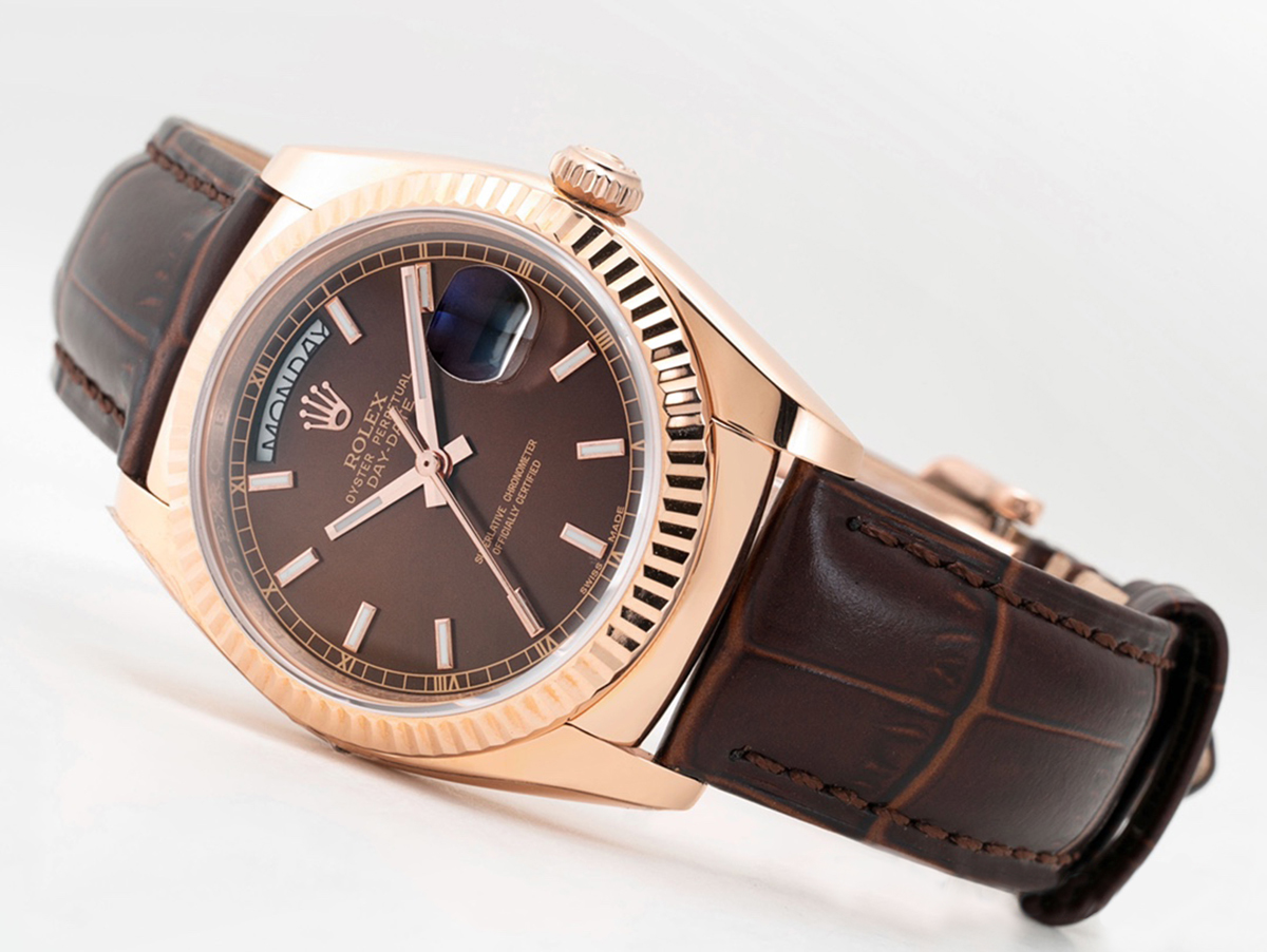 Day-Date 40 Brown Dial in Rose Gold on Leather Strap