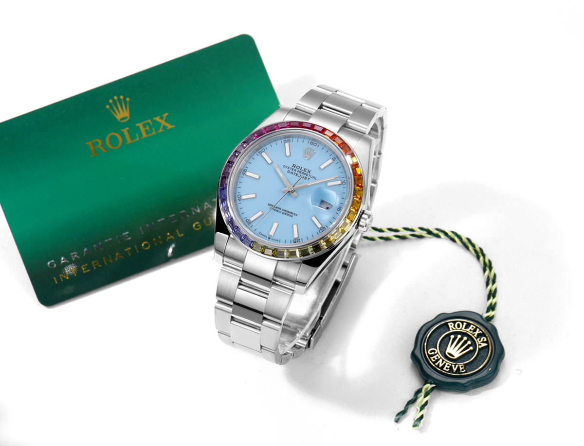Datejust 41 T*f*ny Blue Dial Stick Markers with Rainbow D1am0nd Bezel in Steel on Oyster Bracelet